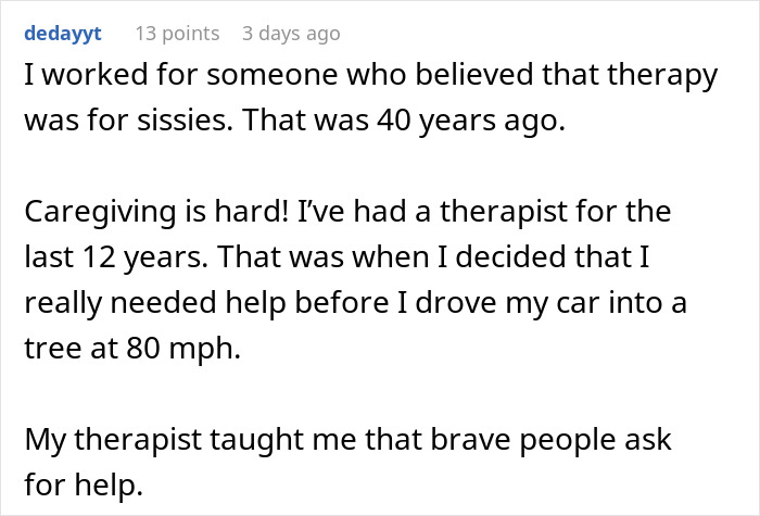 Comment discussing a Christian woman's disbelief in therapy and her niece using therapy to help her.