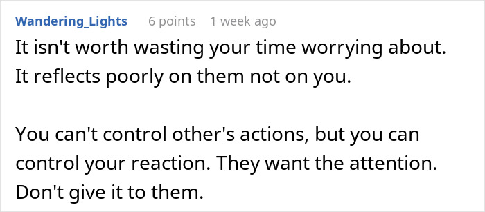 Comment text advising not to worry about rude actions, highlighting control over reactions, related to bride&rsquo;s wedding planning stress.