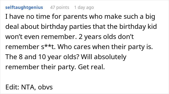 Comment on a forum discussing conflicts over canceling a kid&rsquo;s party to attend a friend&rsquo;s kid&rsquo;s party.