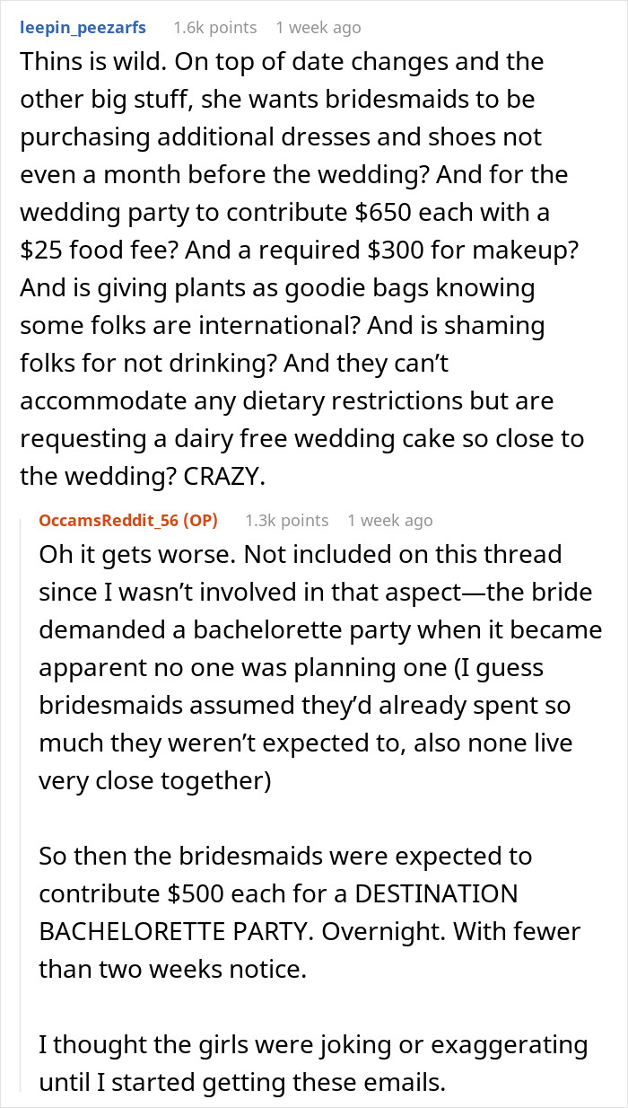 Reddit thread discussing last-minute wedding date changes and wedding shaming involving bridesmaids' expenses and demands.