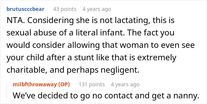 Screenshot of a Reddit conversation discussing mother-in-law caught trying to breastfeed baby, with mom furious and users debating the issue.