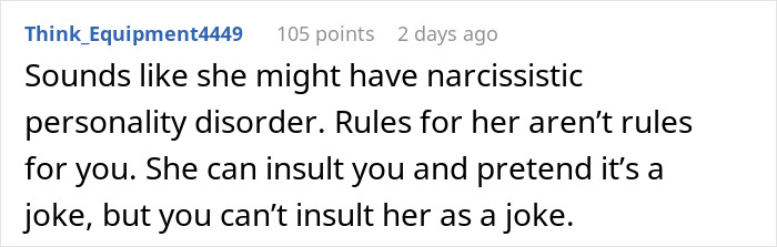 Screenshot of a Reddit comment discussing narcissistic personality traits in a cousin insulting a woman&rsquo;s wedding.