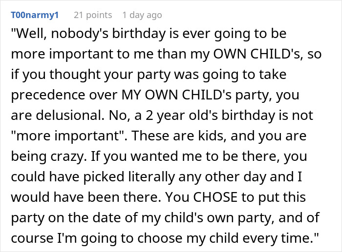 Comment discussing conflict when a friend wanted to cancel child's party to attend her kid&rsquo;s party instead.