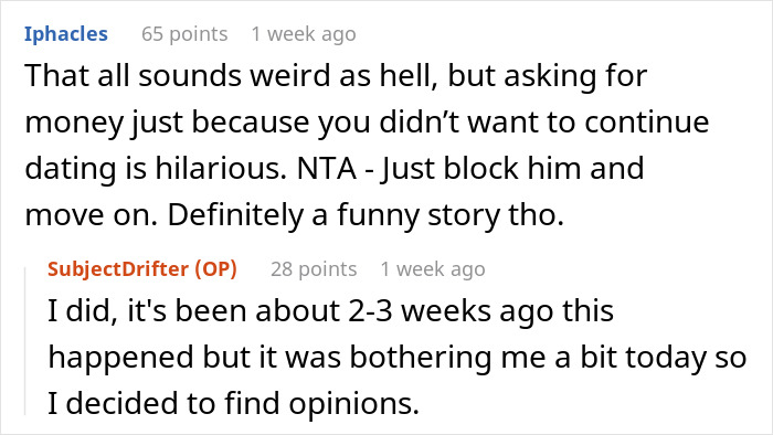 Online conversation about a woman telling a guy no spark after first date and him demanding payment for meal. Online conversation about a woman telling a guy no spark after first date and him demanding payment for meal.