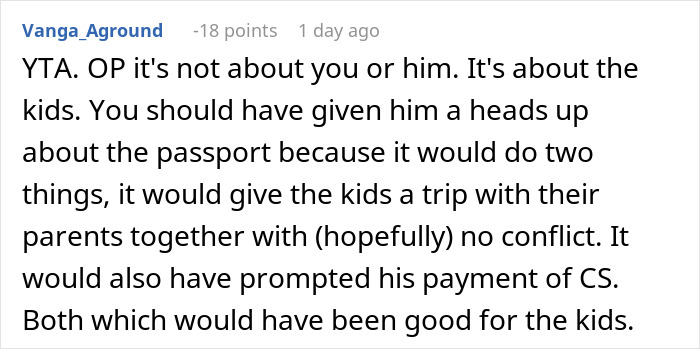 Comment discussing passport revocation and its impact on kids and child support payments in a family dispute thread.