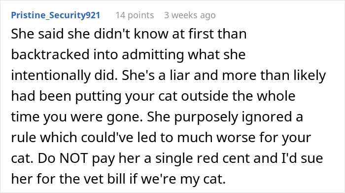 Comment on refusing to pay cat-sitter who neglected cat care, risking the pet&rsquo;s health during owner&rsquo;s absence.