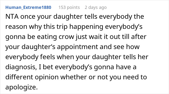 Comment discussing a daughter revealing a diagnosis causing changed opinions in a family sticks together situation.