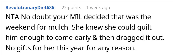 Screenshot of a Reddit comment discussing a man skipping his wife&rsquo;s first Mother&rsquo;s Day to spend time with his mom.