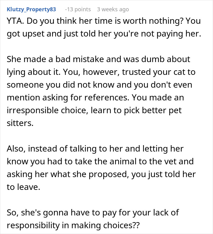 Comment discussing trust issues and payment refusal involving a cat sitter in an AITA for refusing to pay my cat-sitter thread.