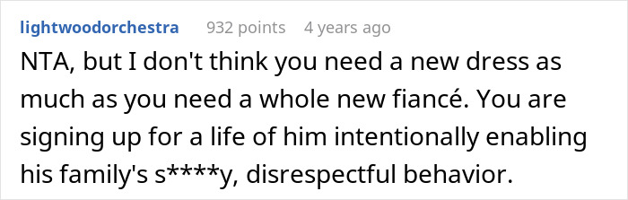 Screenshot of an online comment discussing a woman&rsquo;s wedding dress ruined by her mother-in-law after trying it on.