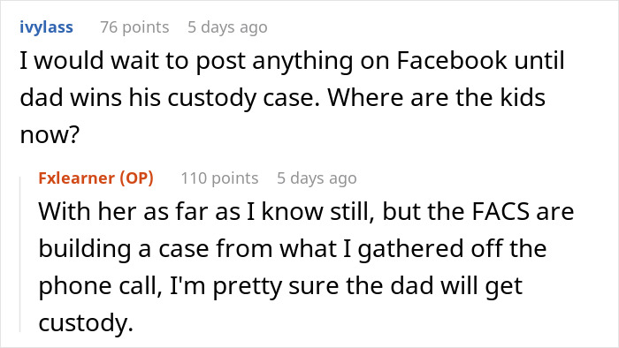 Reddit discussion about mom exposing poor parenting by making cousin babysit, risking losing custody of kids.