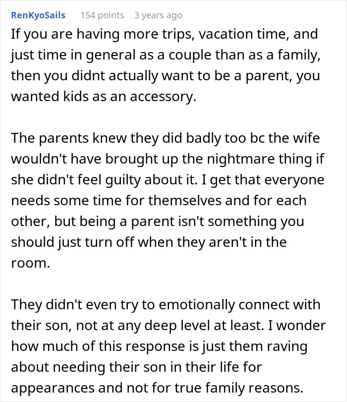 Comment discussing parents' neglect and lack of emotional connection with their son leading to his emotional blowup.