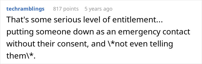 Comment text criticizing a woman-listed emergency contact refusing to pick up a kid, highlighting issues of consent and entitlement.
