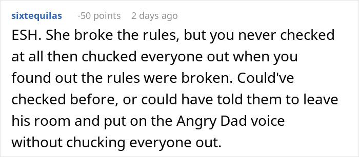 Reddit comment discussing enforcing basic boundaries during a daughter's sleepover and handling rule-breaking fairly. Reddit comment discussing enforcing basic boundaries during a daughter's sleepover and handling rule-breaking fairly.