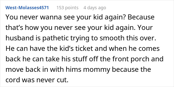 Commenter criticizing a husband&rsquo;s actions about a mil-daughter-surprise-vacation and family conflicts online.