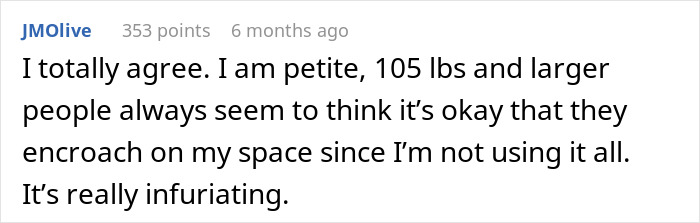 Commenter expressing frustration about space encroachment by larger people on flights, relating to armrest disputes.