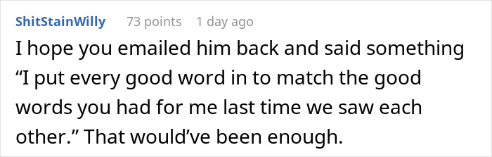 Screenshot of a user comment discussing putting in a good word for a friend seeking a job referral after years.