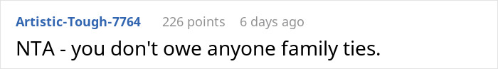 Screenshot of an online comment stating no one owes family ties, related to woman cutting contact with in-laws over granddaughter situation.