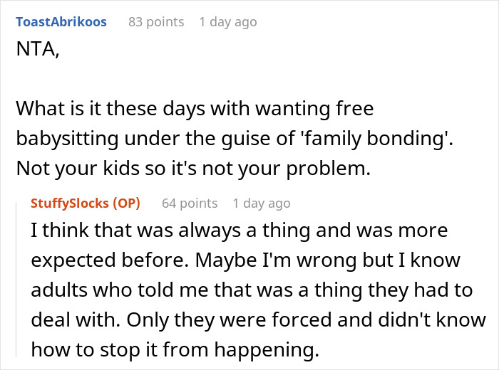 Screenshot of an online discussion about a teen refusing babysitting duties in a blended family situation.