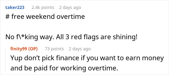 Online forum discussion about employee working 30 hours overtime and negative responses to excessive overtime work.
