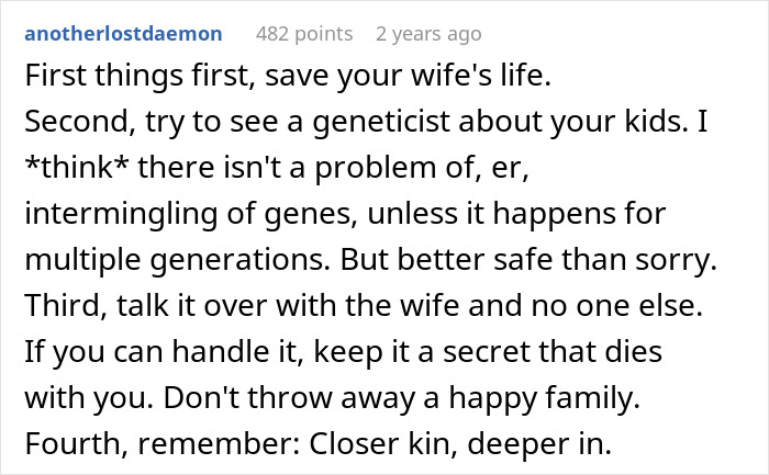 Screenshot of a Reddit comment discussing the importance of genetic testing for a man who is a perfect kidney match for his wife. Screenshot of a Reddit comment discussing the importance of genetic testing for a man who is a perfect kidney match for his wife.