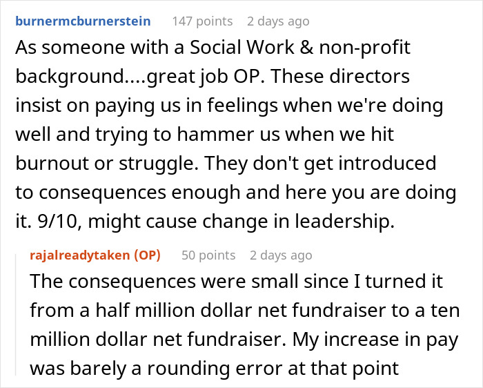 Alt text: Comments discussing non-profit employee hours and leadership consequences in a social work and fundraising context