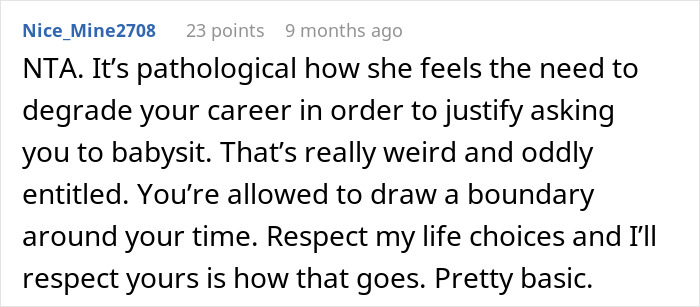 Comment explaining why brother quits babysitting after sister says his job isn&rsquo;t real work, showing boundary setting.