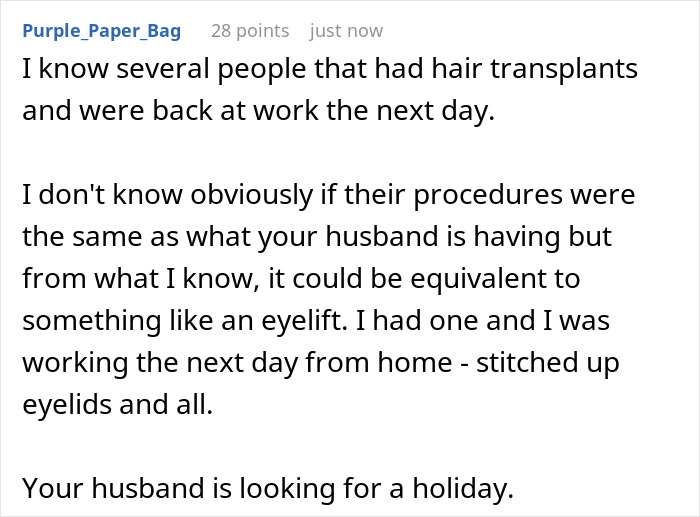 Reddit comment discussing hair transplant recovery and husband demanding wife cancel plans over surgery conflict.