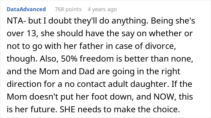 Text comment discussing doubts about calling CPS after learning about niece&rsquo;s home life and family dynamics related to divorce.