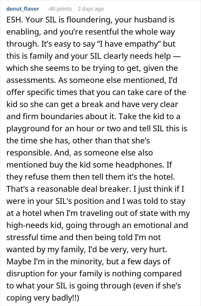 Comment discussing challenges dealing with SIL&rsquo;s kid while staying over, offering hotel payment as a solution.