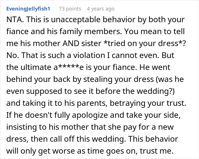 Screenshot of a Reddit comment discussing a woman&rsquo;s wedding dress ruined by her mother-in-law who demanded to try it on.