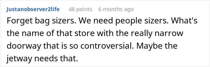 Comment discussing need for people sizings instead of bag sizings in a controversial narrow doorway context.