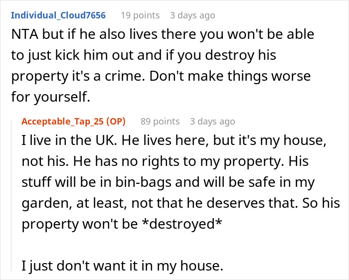 Screenshot of a Reddit conversation about a woman confronting her cheating boyfriend at the house he stays at.