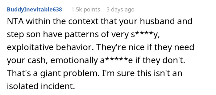 Screenshot of a Reddit comment discussing emotional and financial issues related to paying for a stepson’s surgery. Screenshot of a Reddit comment discussing emotional and financial issues related to paying for a stepson’s surgery.