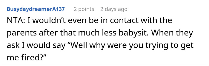 Screenshot of a forum comment discussing a woman refusing to watch sister again after family claims she broke her leg.