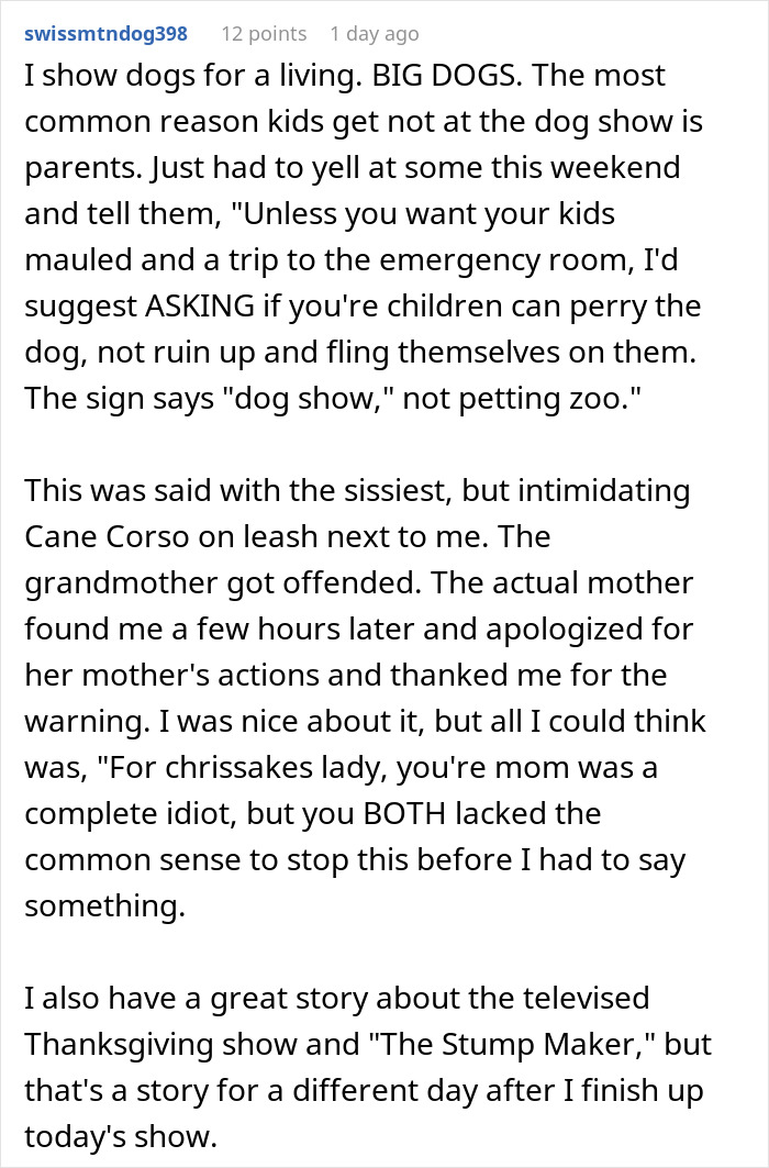 Comment about parents throwing a tantrum when their kids aren&rsquo;t allowed to ride a dog at a dog show event.