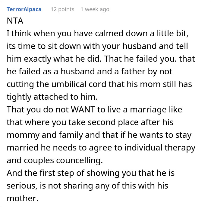 Comment discussing a man skipping his wife&rsquo;s first Mother&rsquo;s Day to spend time with his mom and relationship issues.