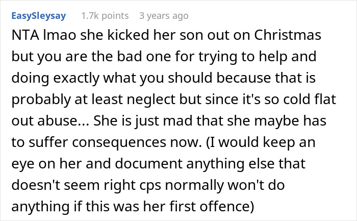 Comment discussing a mom throwing kid out on cold Christmas night, neighbors calling CPS for possible neglect or abuse. Comment discussing a mom throwing kid out on cold Christmas night, neighbors calling CPS for possible neglect or abuse.