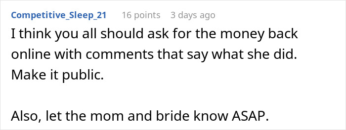 Screenshot of an online comment suggesting to make public that MOH overcharged and pocketed money from the bachelorette party.