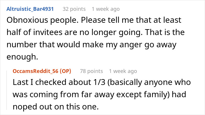Reddit users discussing reactions and invitee cancellations after a date changed last minute wedding shaming incident.