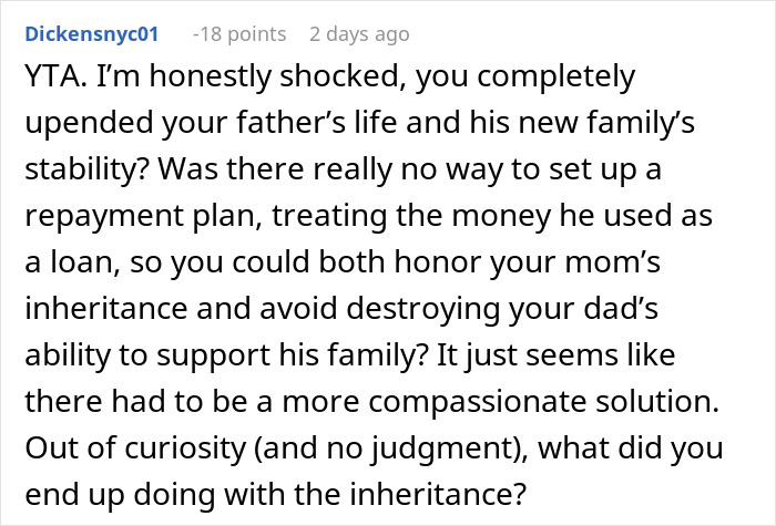 Comment discussing the impact of taking dad to court over a $100K stolen inheritance and its effect on family stability.
