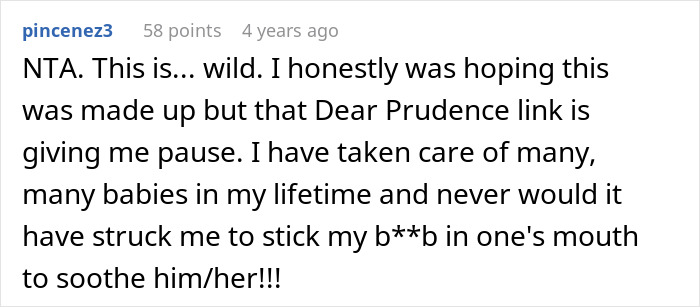 Comment from user pincenez3 expressing disbelief about a mother-in-law trying to breastfeed baby she was watching.