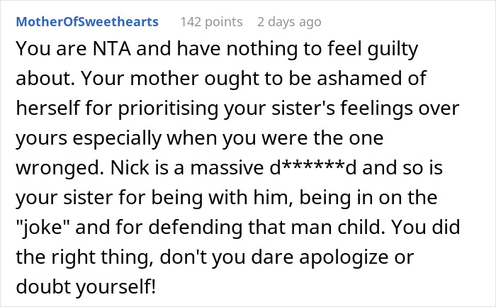 Screenshot of a Reddit comment discussing a man pulling a harmless prank on his girlfriend&rsquo;s sister and her reaction seeking revenge.