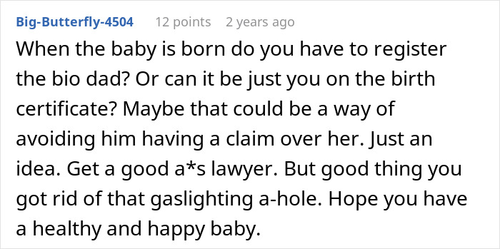 Comment discussing concerns about registering a bio dad and gaslighting in a MIL convinced pregnant DIL manipulated baby&rsquo;s gender case.