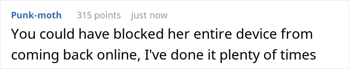 Comment about blocking device from coming back online, related to sleep deprived roomie pulling the WiFi plug during gaming marathons.