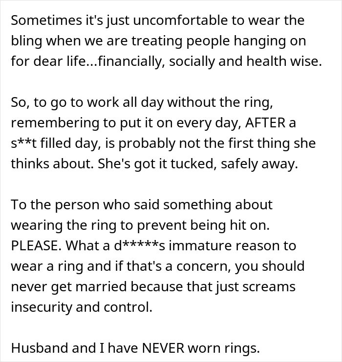 Text discussing woman refusing to wear engagement ring due to discomfort and personal reasons, calming worried fiancé. Text discussing woman refusing to wear engagement ring due to discomfort and personal reasons, calming worried fiancé.
