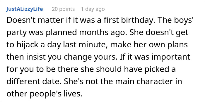 Comment about a friend wanting to cancel a kid&rsquo;s party to attend her kid&rsquo;s party, stressing planning and priorities.