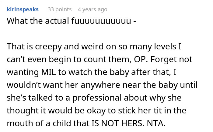 Comment discussing mother-in-law caught trying to breastfeed baby she was watching, mom furious about the situation.