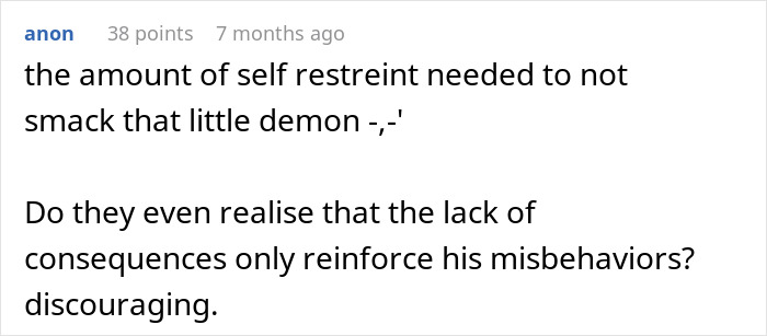 Comment discussing self-restraint and concerns about reinforcing misbehaviors in a child babysitter refuses to watch.