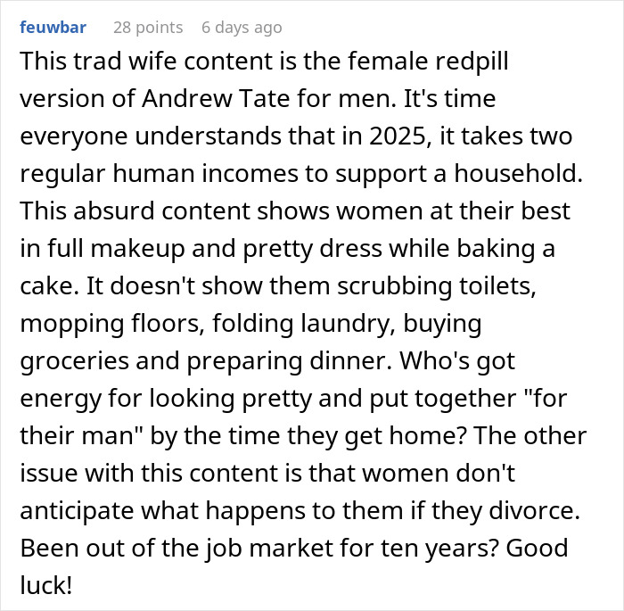 Redpill perspective on tradwife lifestyle showing women in makeup and dress, contrasting with household chores and financial realities.